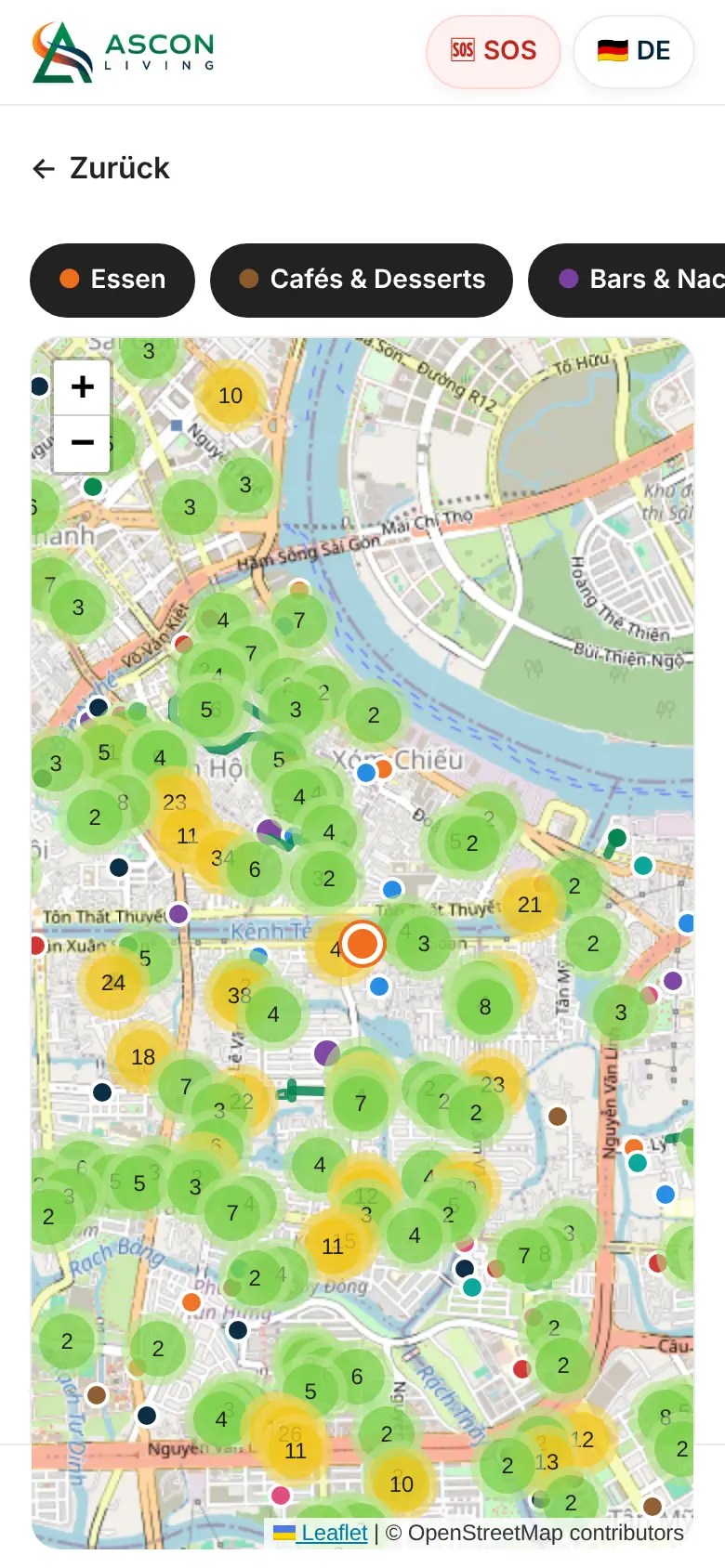 ASCON Guide App: Karte mit Orten rund ums Haus in Ho-Chi-Minh-Stadt