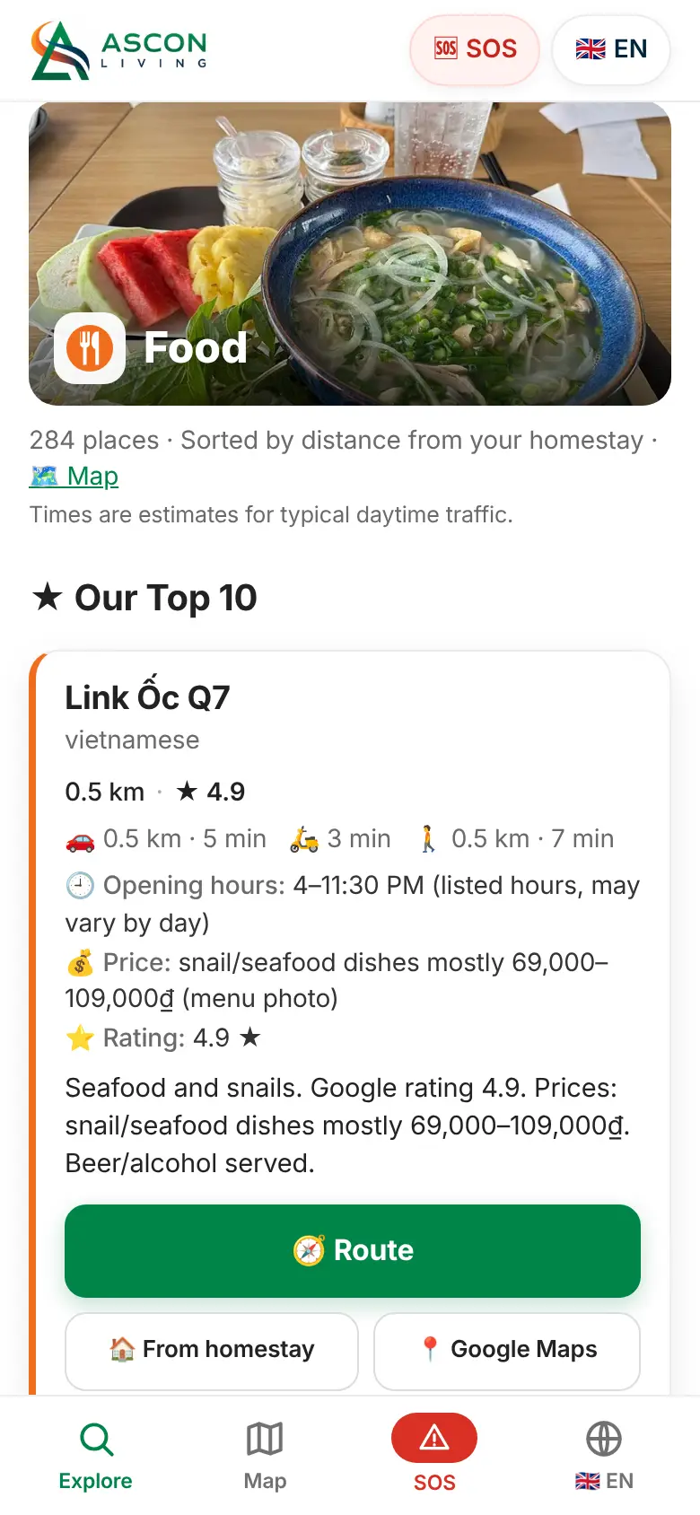 ASCON Guide ایپ: فاصلہ، سفر کا وقت اور Route بٹن والا کارڈ