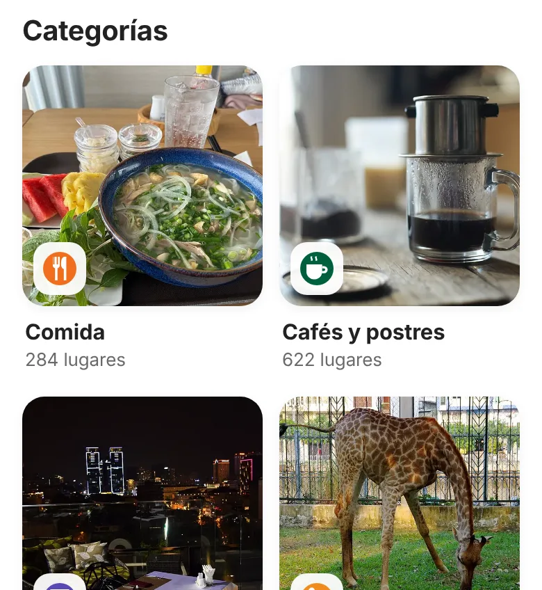 Categorías: comida, cafés, bares, planes en familia y más