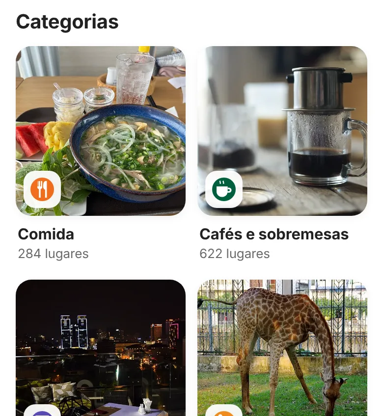 Categorias: comida, cafés, bares, passeios em família e mais
