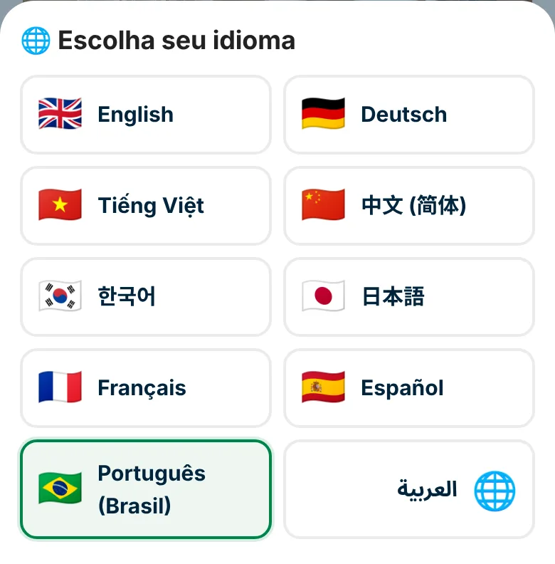 Escolha de idioma: o app está disponível em dez idiomas
