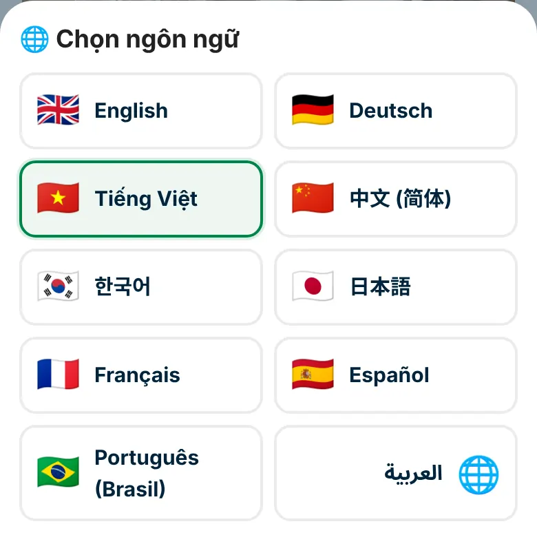 Chọn ngôn ngữ: ứng dụng có mười ngôn ngữ