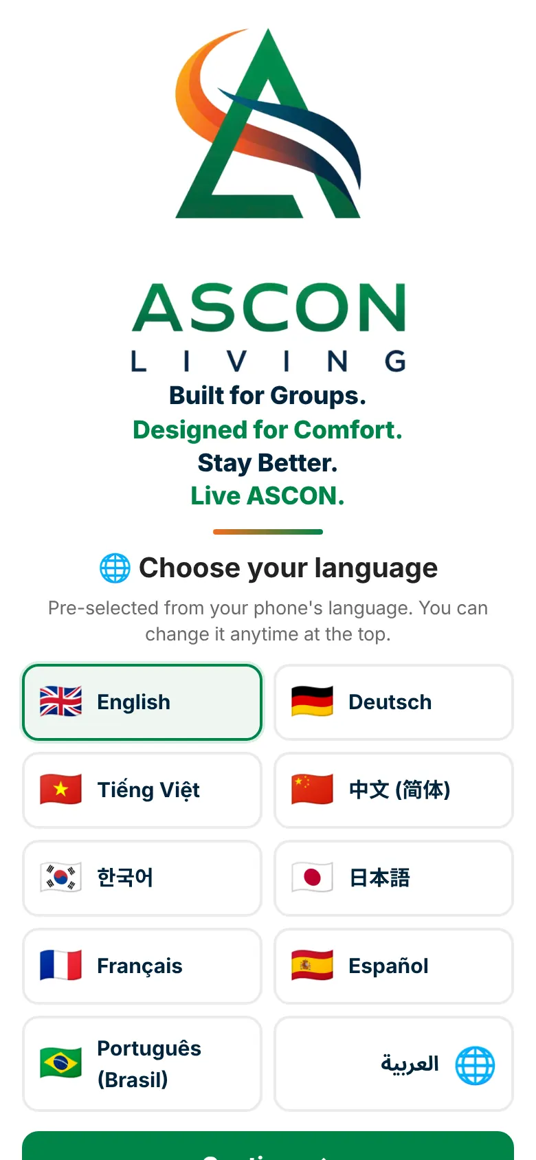 หน้าต้อนรับพร้อมโลโก้และคำขวัญ ASCON LIVING