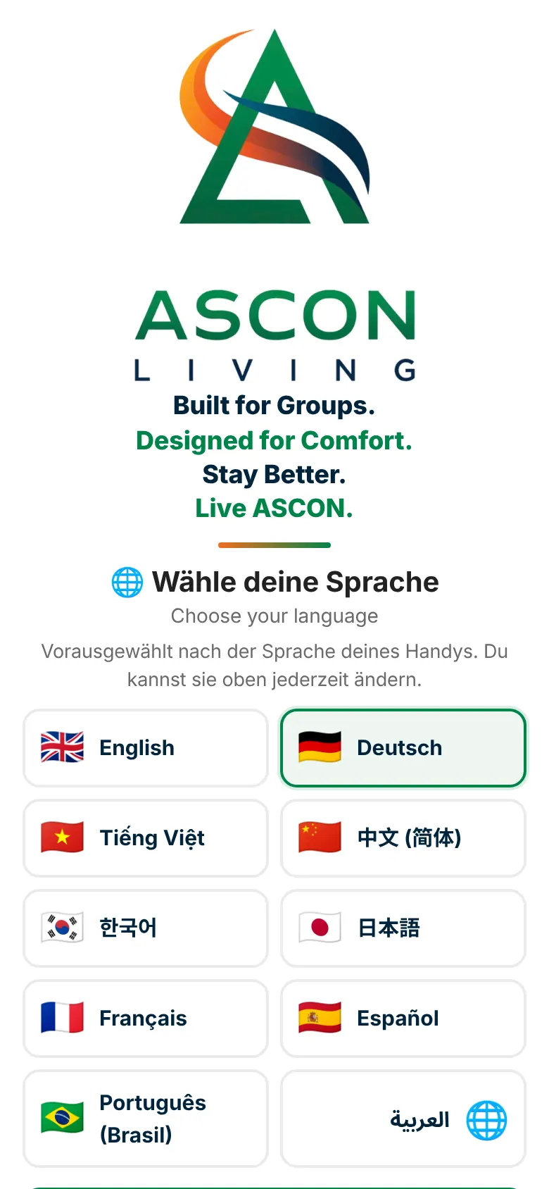 Startbildschirm mit Logo und Motto von ASCON LIVING