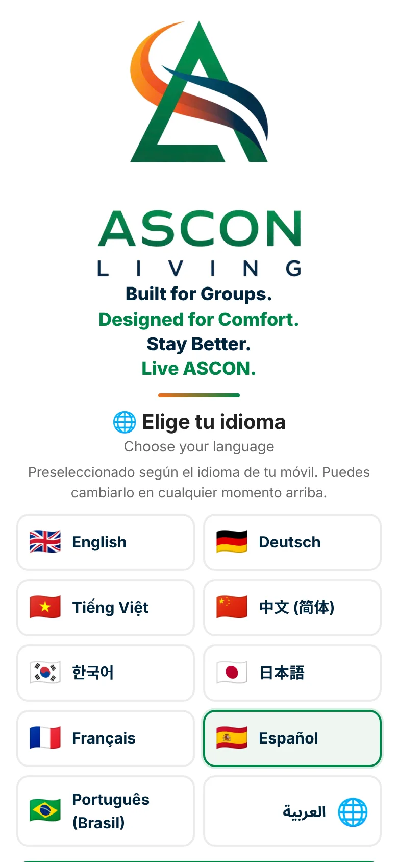 Pantalla de bienvenida con el logo y el lema de ASCON LIVING
