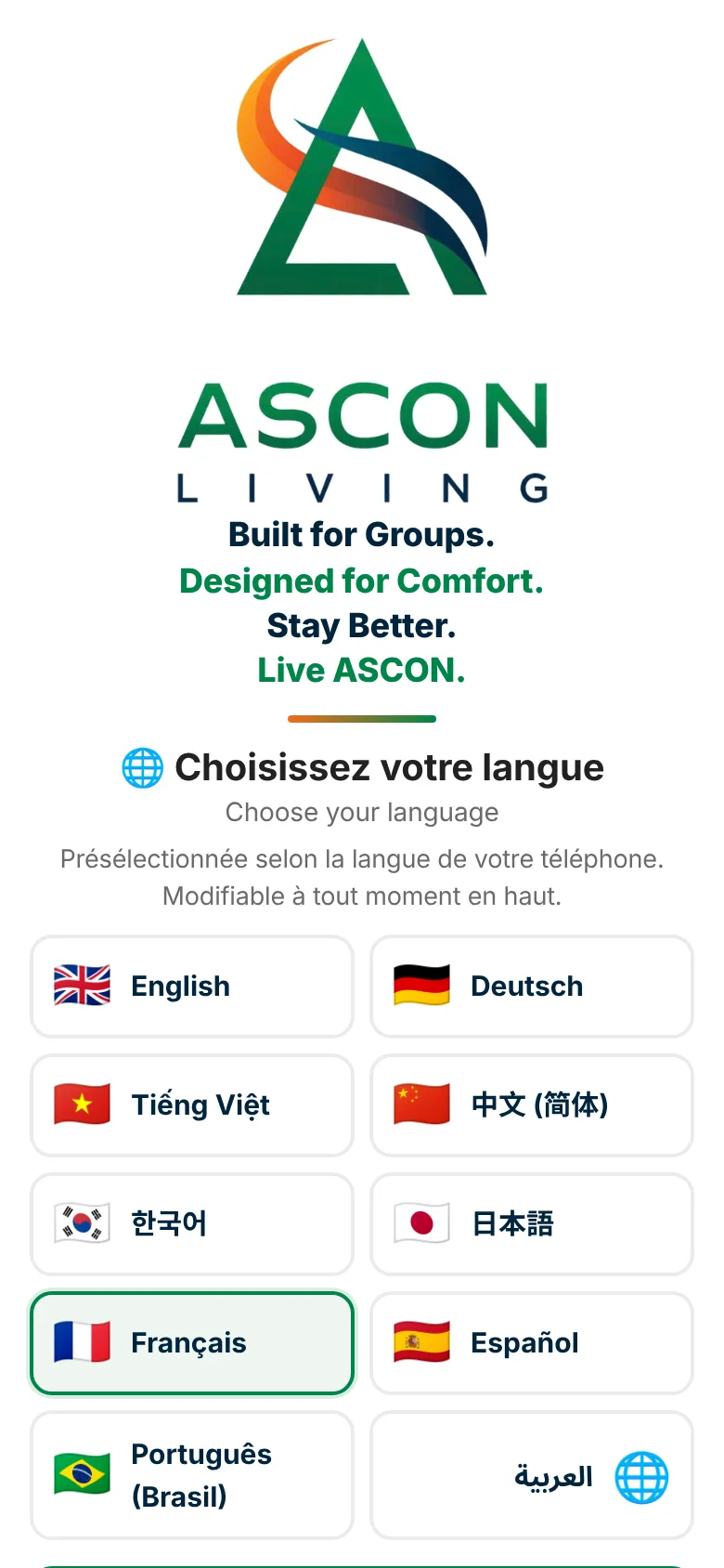 Écran d’accueil avec le logo et la devise d’ASCON LIVING