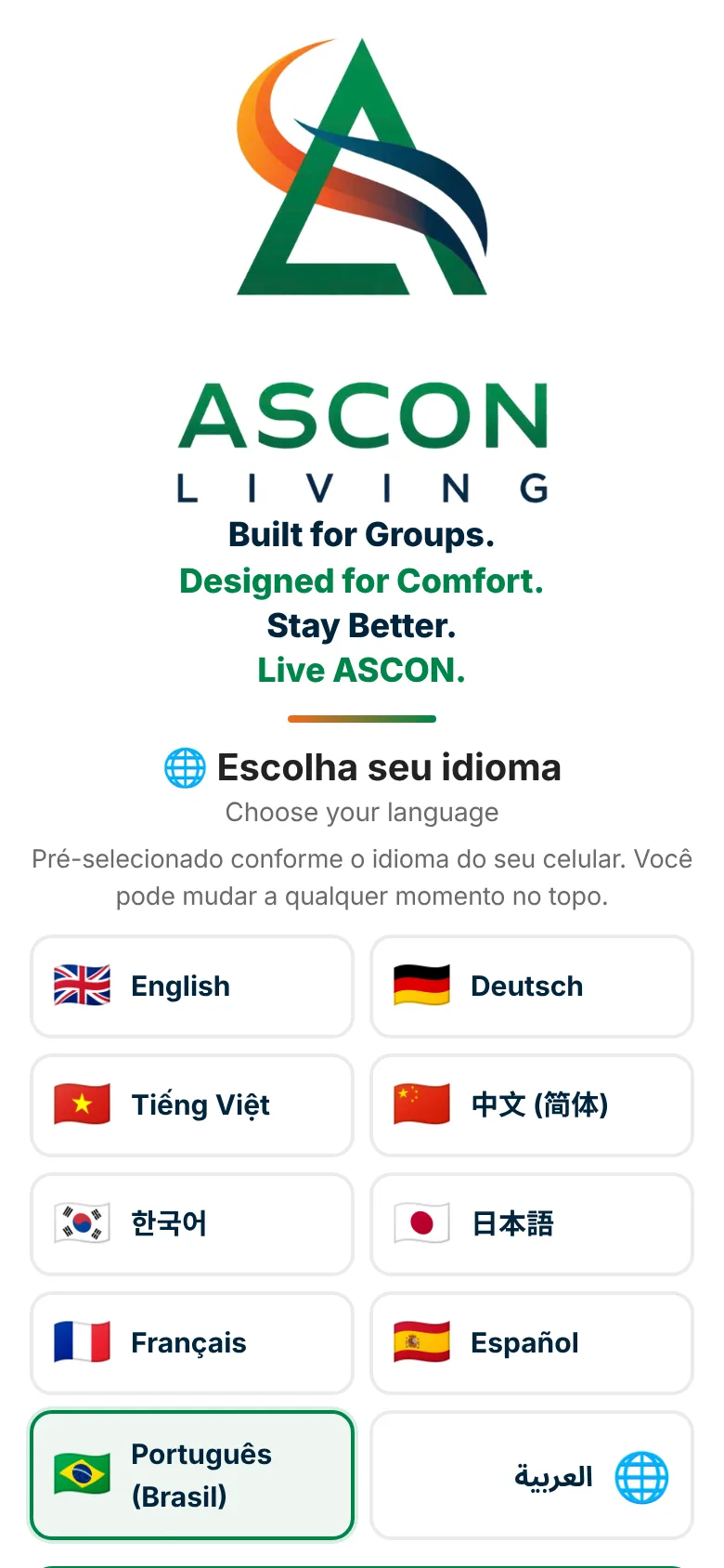 Tela de boas-vindas com o logo e o lema da ASCON LIVING