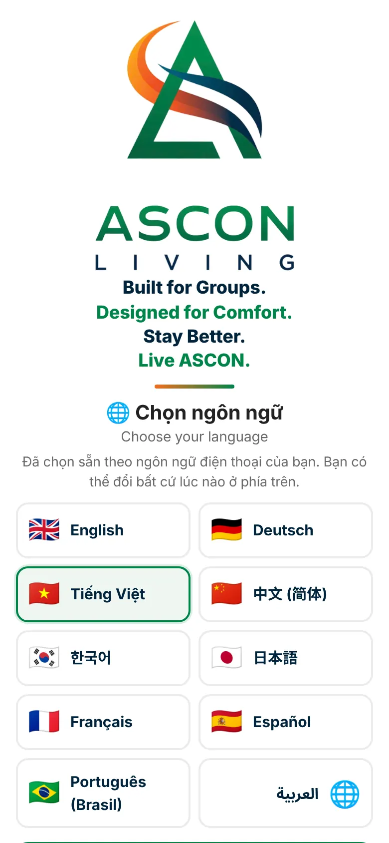 Màn hình chào với logo và khẩu hiệu ASCON LIVING